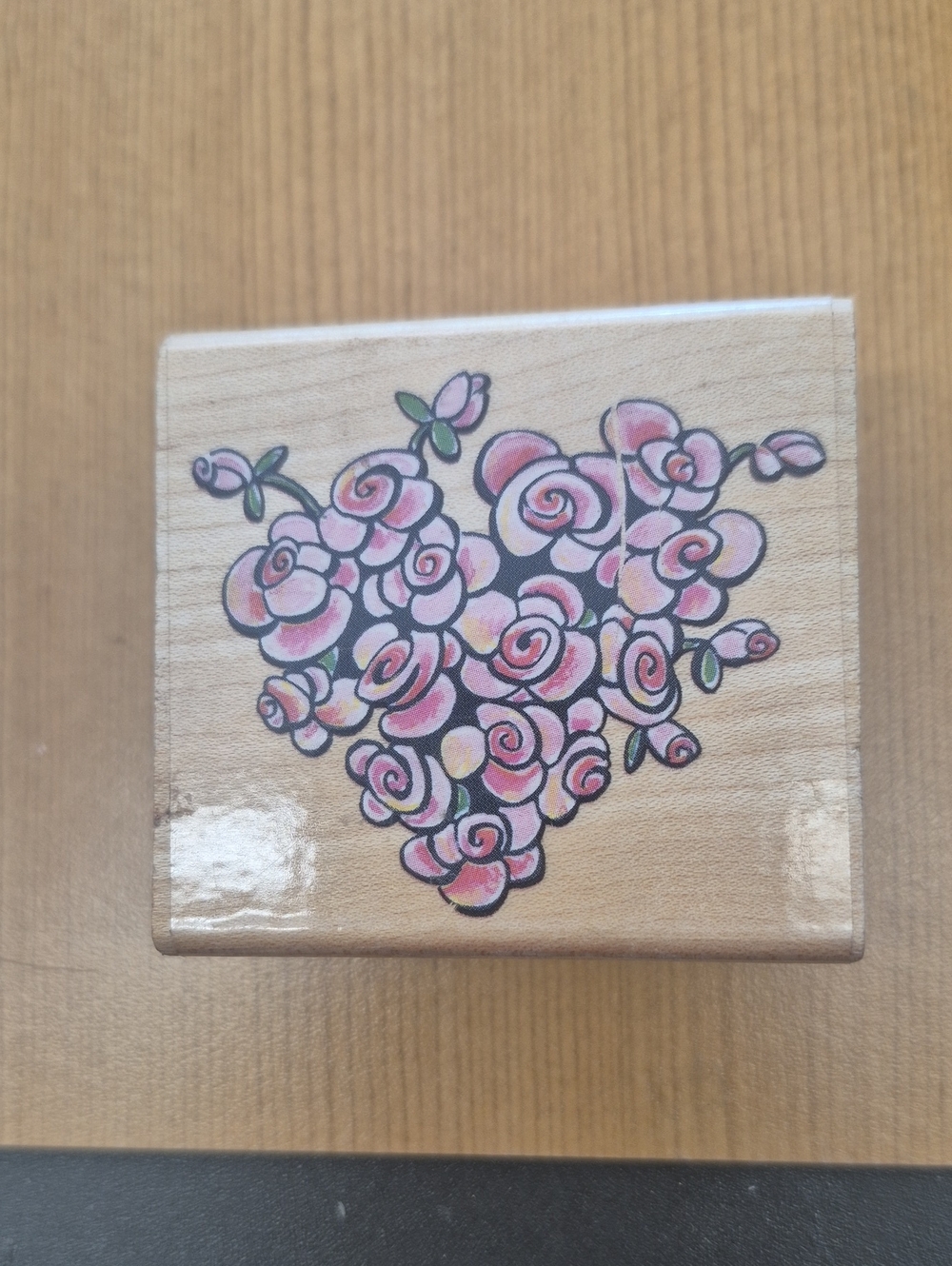 Wooden Floral Heart Stamp - Pink Rose Design By Rubber Stampede